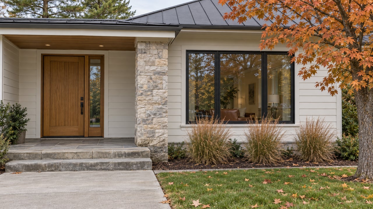 Autumn light on a white-sided home with an oak entry door, limestone porch pier, broad black-framed window, and stone steps beside a copper-leaved maple.