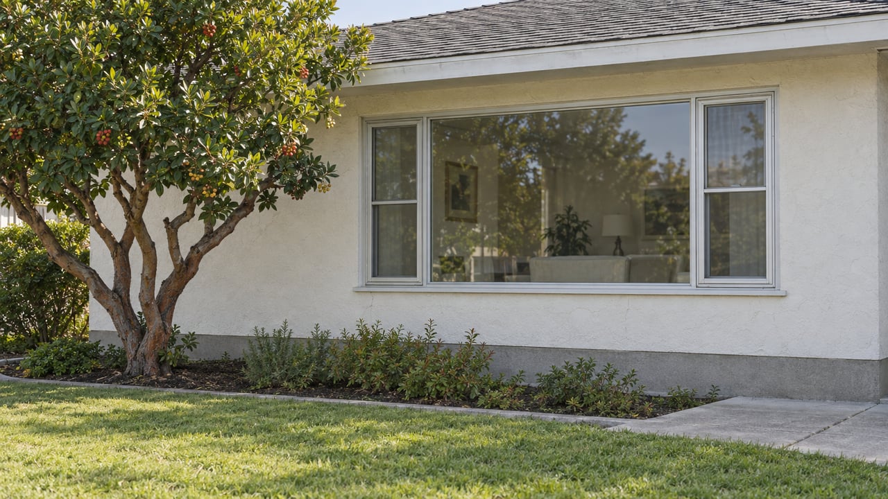 Off-white midcentury house with a broad picture window, narrow sidelights, and a pruned tree beside the lawn.