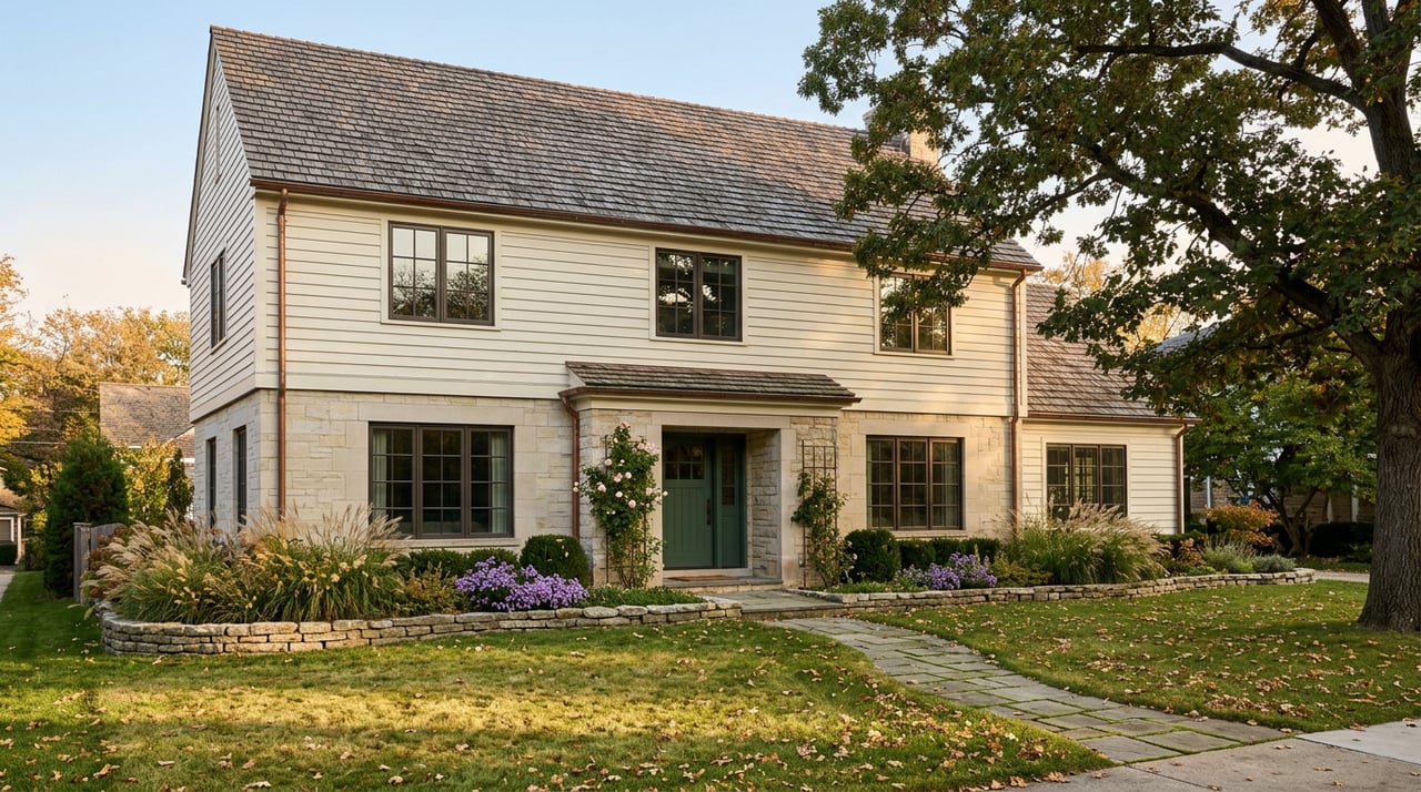 Two-story limestone and cream-sided house beneath a cedar-shake gable, with a broad oak and purple asters.