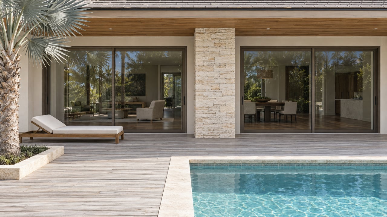 Sunlit waterfront home's covered wood terrace, limestone pier and closed bronze-framed glass doors beside a pale-aqua pool and silver palm.