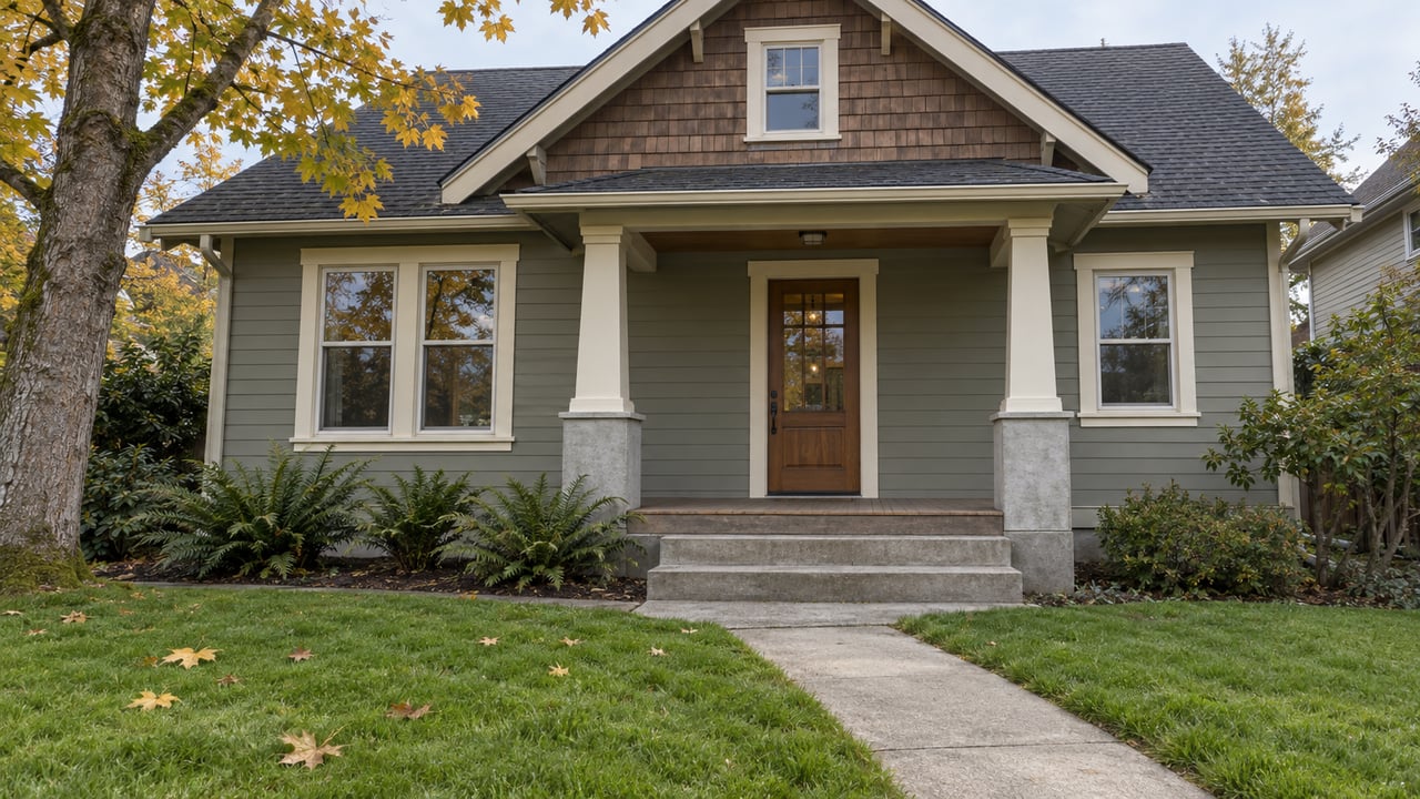 A sage-gray gabled home with cedar shingles, a sheltered wood porch and a deep green lawn beneath a yellowing maple.