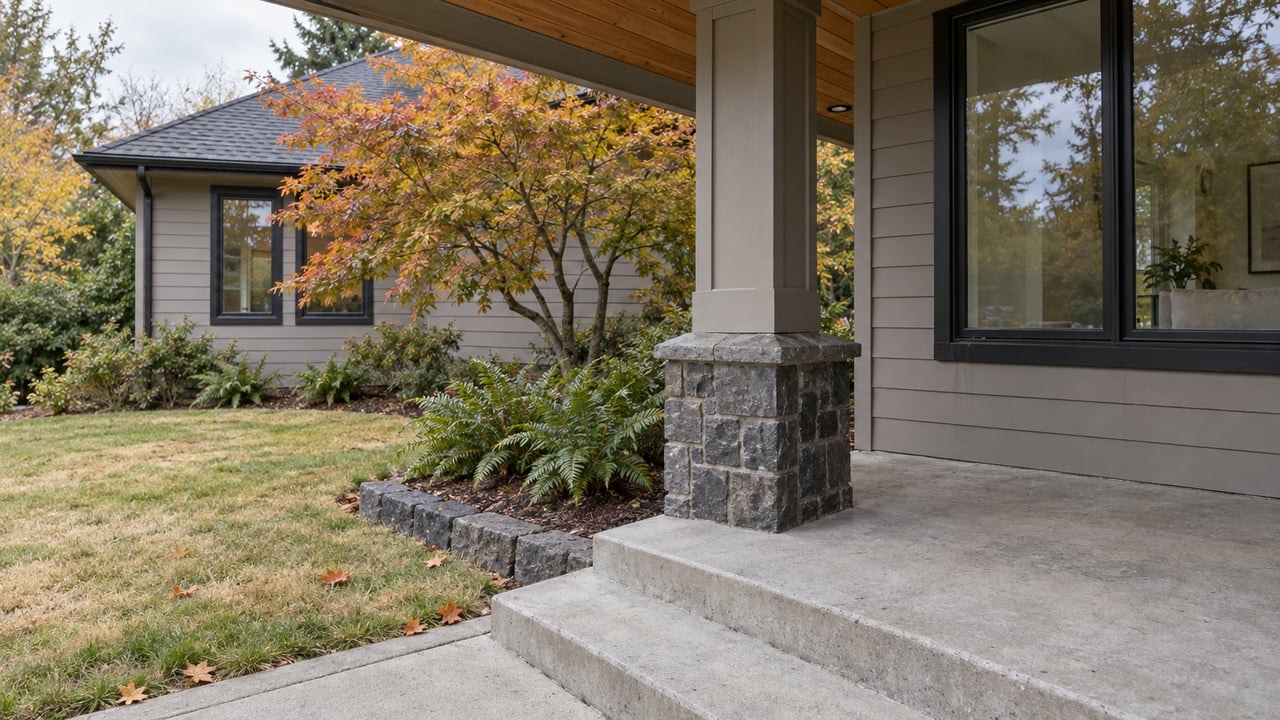Covered porch with gray lap siding, a stone-based column and concrete steps beside a dry autumn lawn and yellowing vine maple.