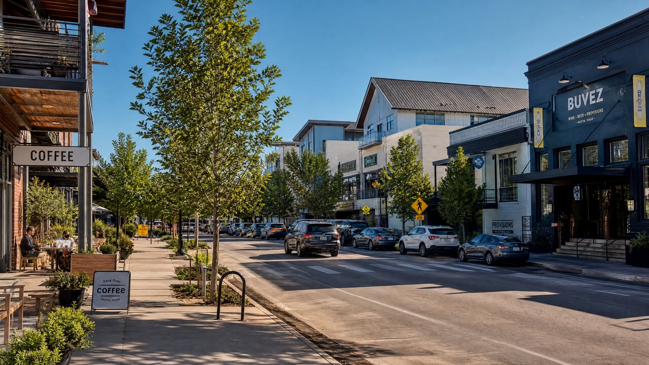 Tree-lined Austin street with cafes, shops, parked cars, and a pedestrian crossing.