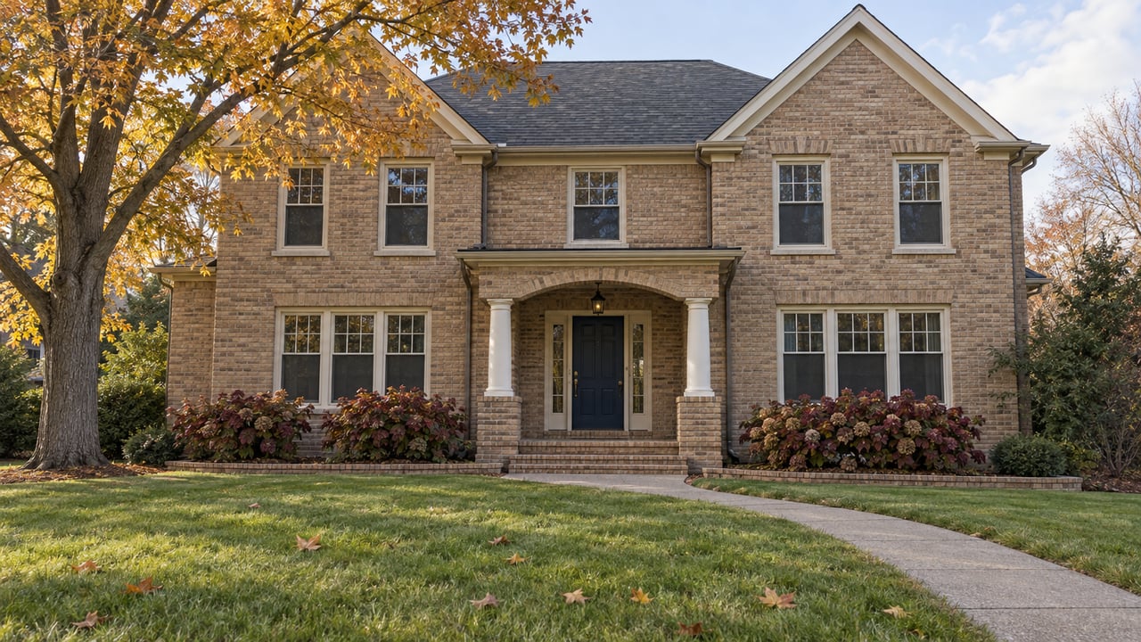 Traditional two-story buff-brick home behind a broad autumn lawn, with a columned arched entry and an ochre-leaved maple.