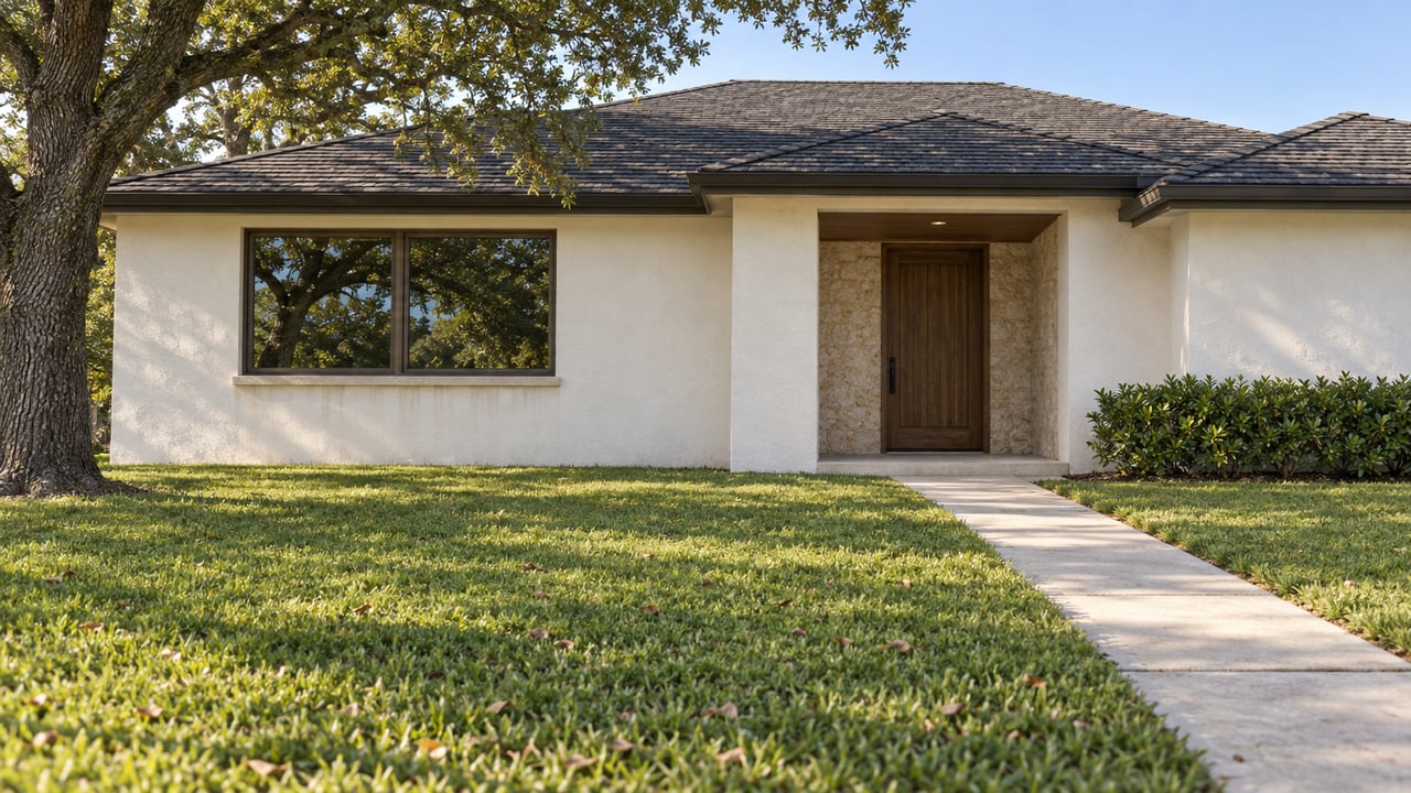 Off-white stucco home with a recessed timber entry, bronze-framed windows, and broad front lawn beneath a live oak.