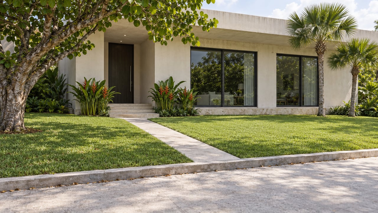 Modern villa with a broad overhanging roof, recessed entry, and glass doors beyond a lawn and pale paved path.