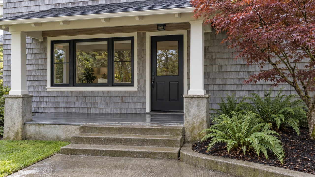 Rain-darkened concrete steps lead to a sheltered cottage porch with weathered cedar shingles, black-framed glazing, a copper-leaved Japanese maple and sword ferns.