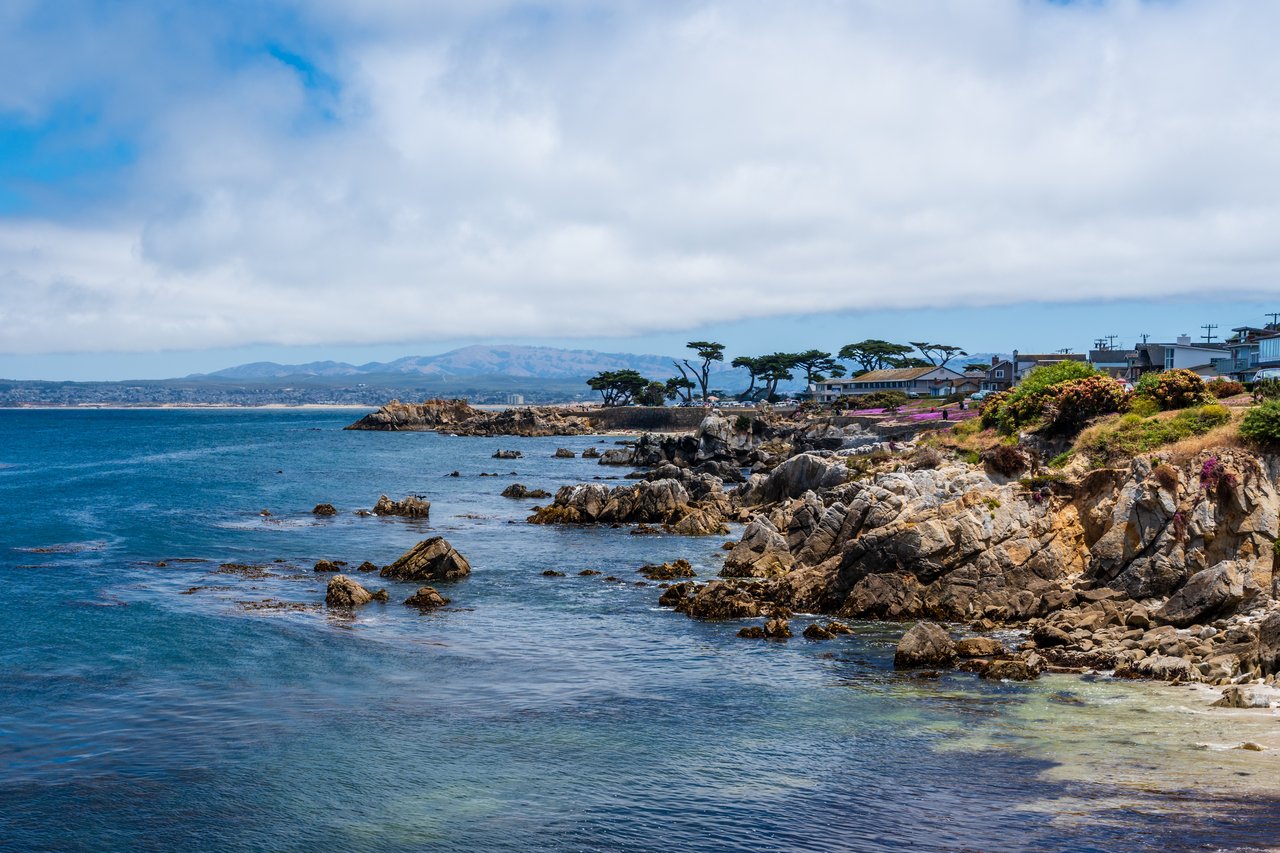 Rocky Pacific coastline with homes and trees along the shore and mountains in the distance.
