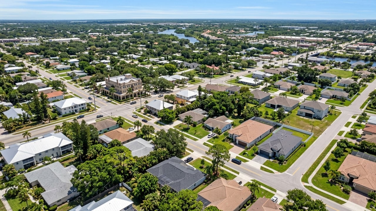 Aerial view of a leafy town with residential streets and a winding waterway in the distance.