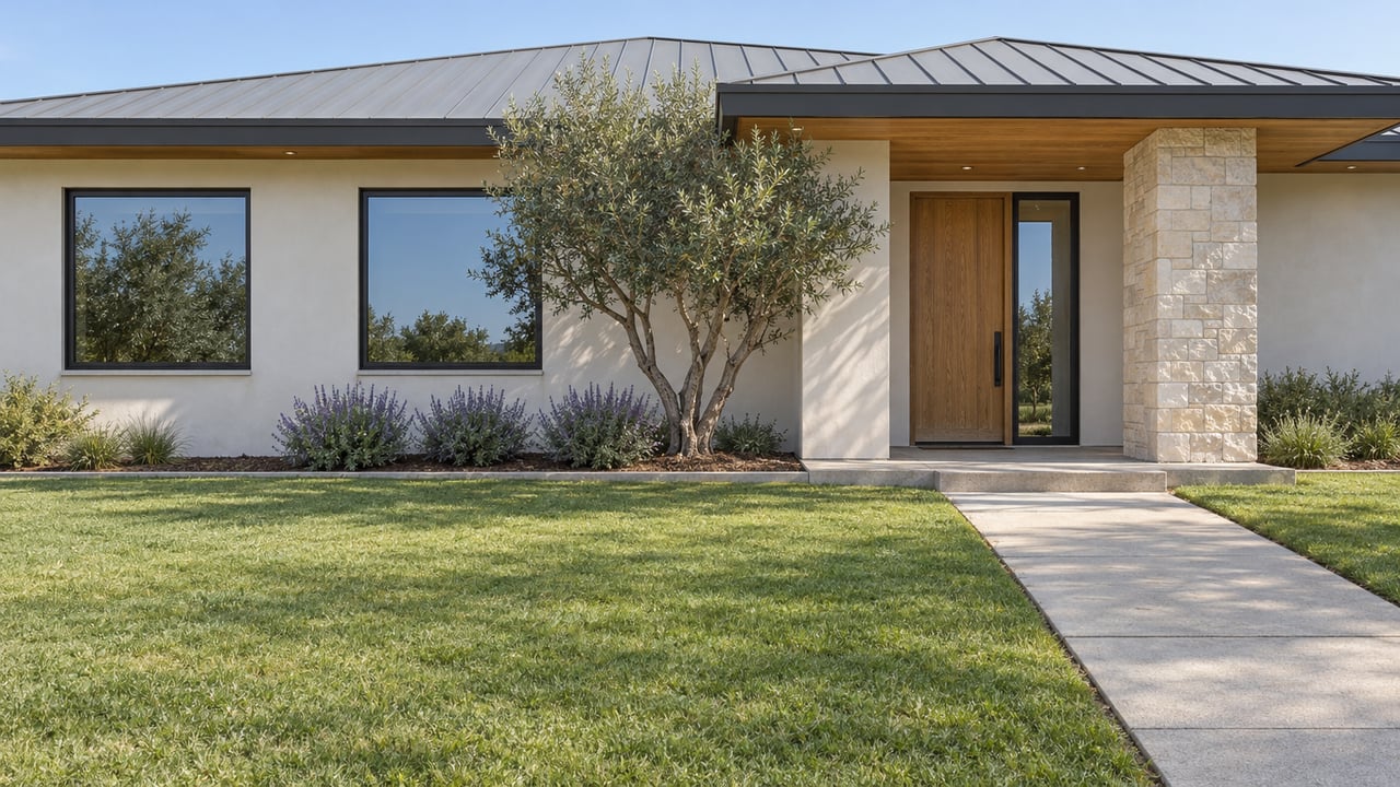 Contemporary single-story home with pale stucco, wood soffits, a recessed oak entry and a broad front lawn beside an olive tree.
