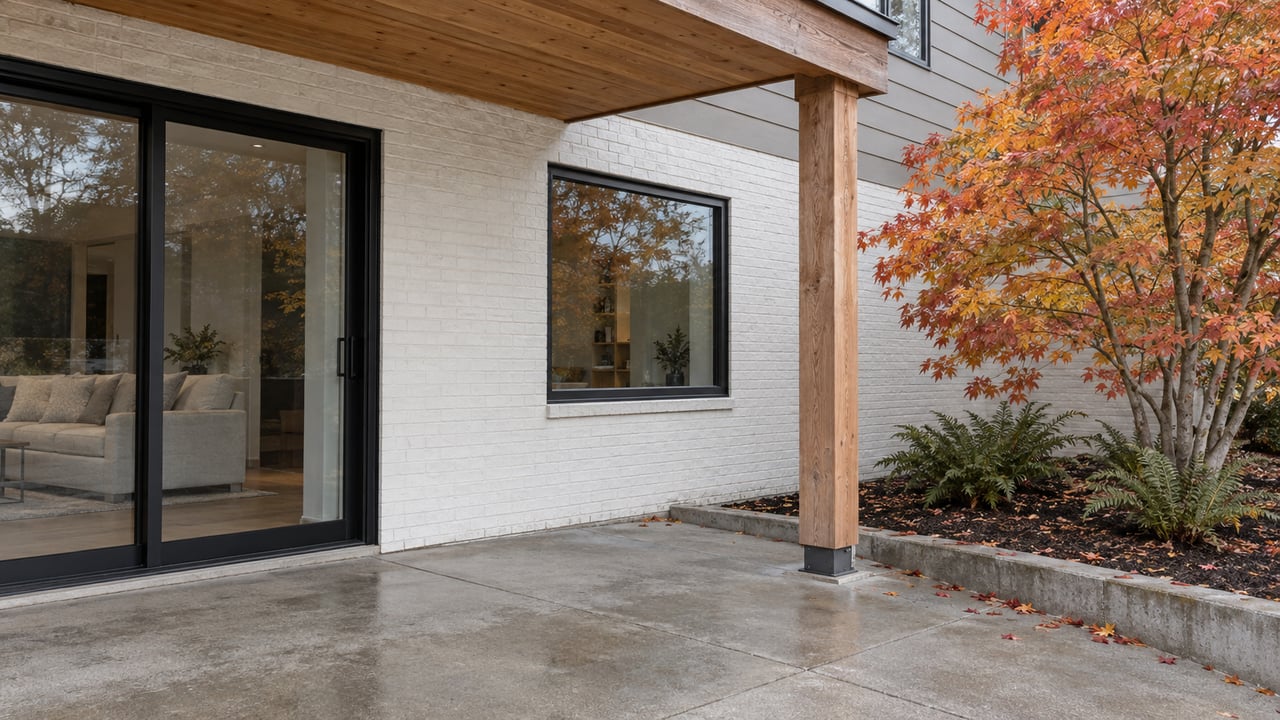 Covered concrete terrace beside painted brick, cedar posts and black-framed glazing, with an amber-red vine maple and sword ferns in a raised planting bed.