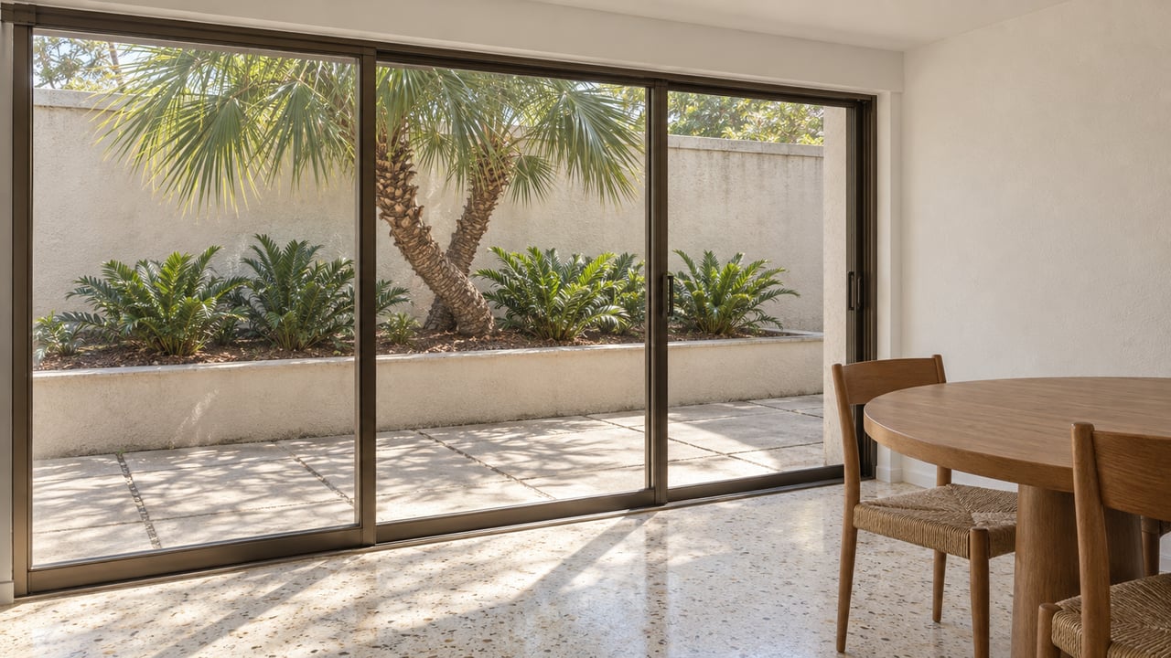 Sunlit dining room with cream terrazzo floors, an oak table and bronze-framed sliding doors overlooking a planted stucco courtyard.
