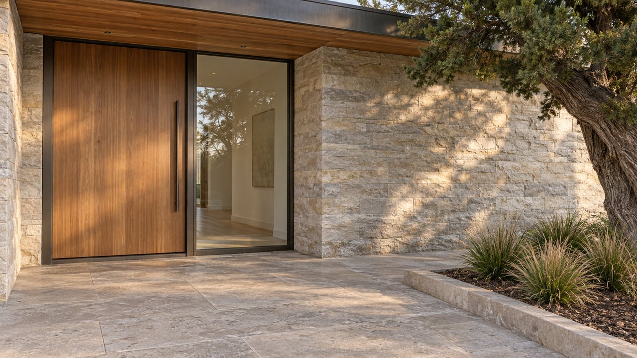 Cedar entry door and bronze-framed glass beside limestone walls and paving, with a sculptural cypress and recessed planting bed.