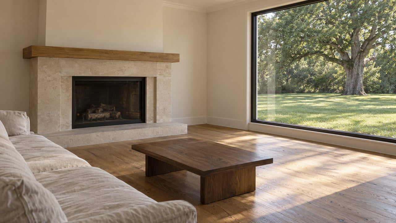 Living room with a limestone fireplace, oak mantel, walnut table, and tall window overlooking a mown yard.