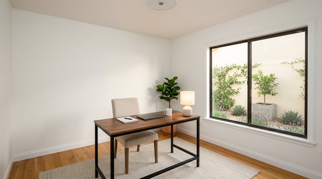Home office flex room with a desk beside a window overlooking a stucco garden wall and drought-tolerant plants.