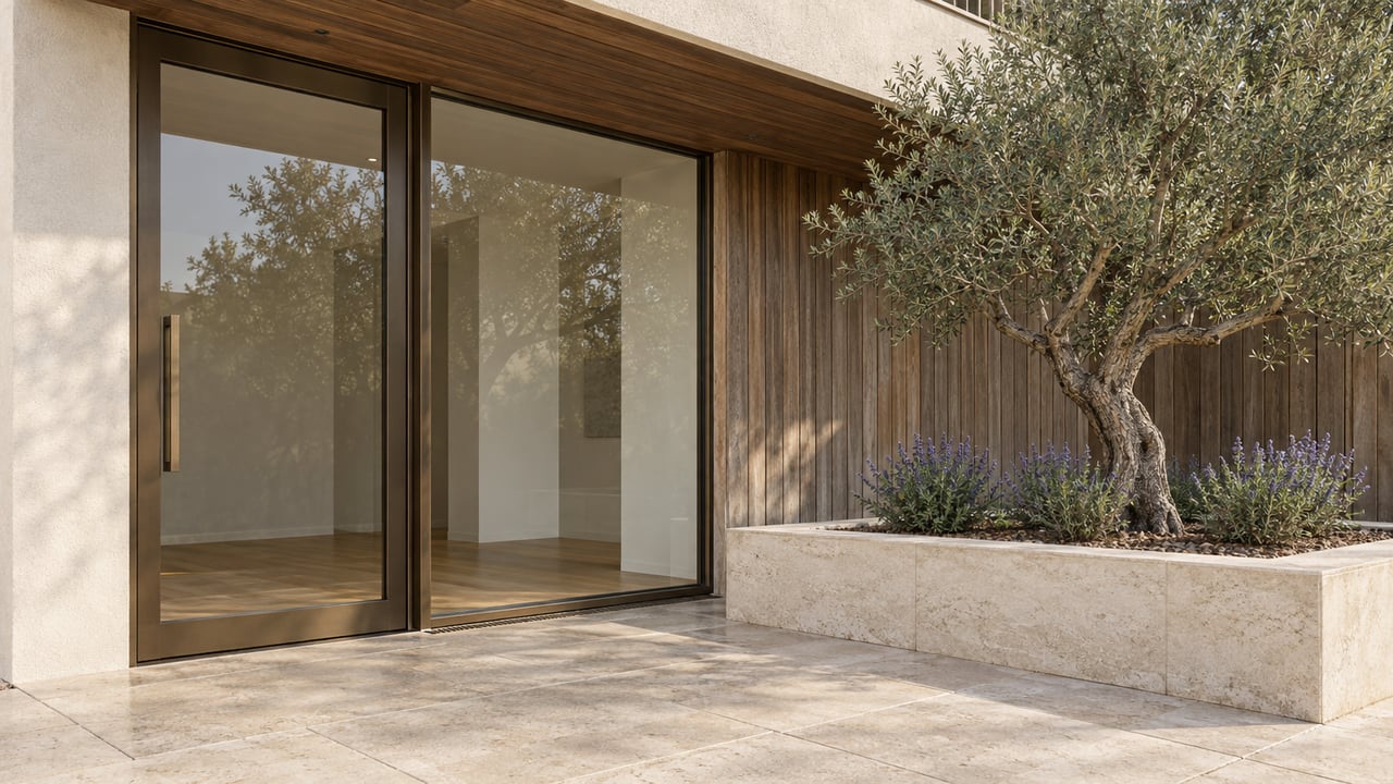 Contemporary home entrance with bronze-framed glazing, cedar cladding and a mature olive tree in a raised limestone planter.