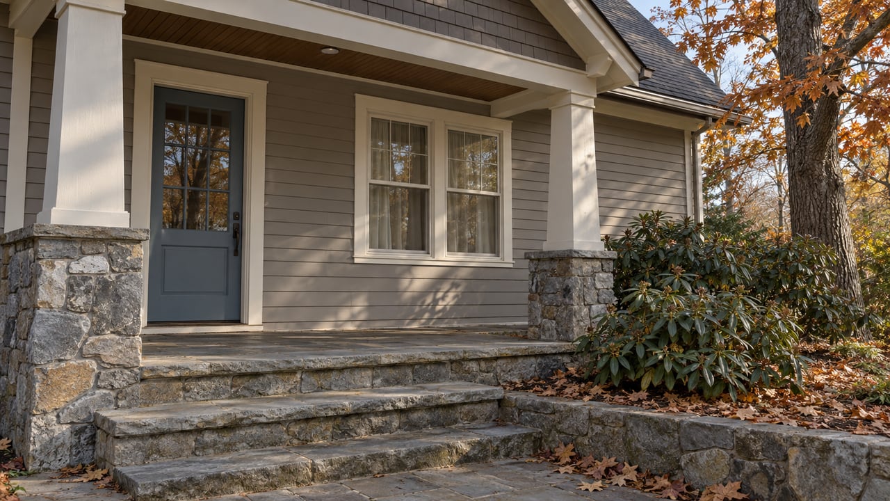 Gray clapboard cottage entry with ivory trim, worn stone steps, and dark rhododendron leaves in late-autumn light.