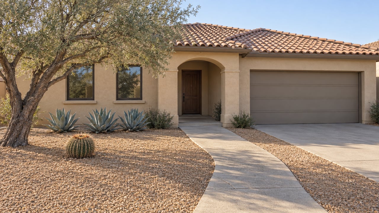 Tile-roofed stucco home with a recessed arched entry, bronze-framed windows and a generous desert-planted gravel front yard.