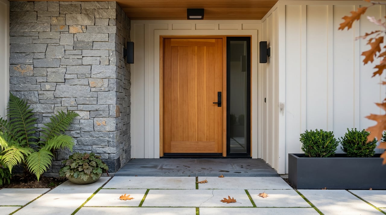Cedar front door between gray stone and off-white siding, with pale pavers and scattered oak leaves.