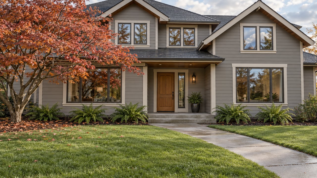 Warm gray gabled home behind a deep lawn and damp concrete walk, with a copper-leaved maple beside the recessed oak entry.