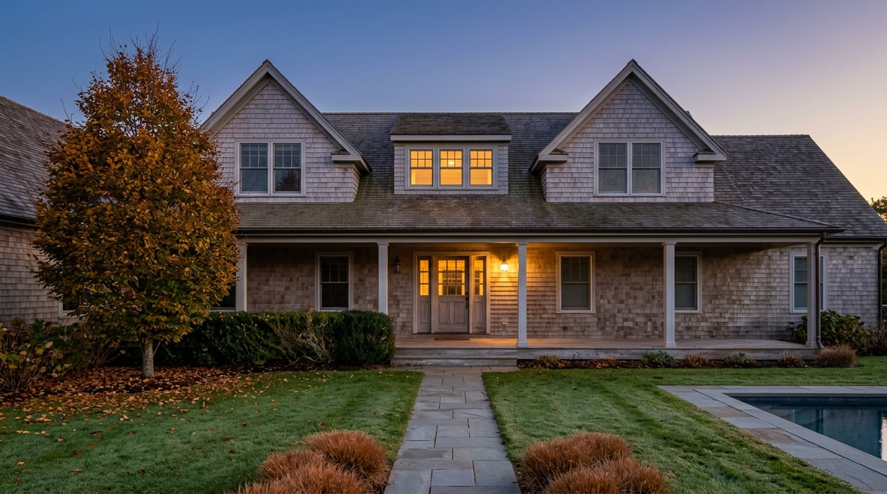 Two-story cedar-shingle coastal home glowing warmly at dusk, with a bronze-leaved beech and a path to its porch.
