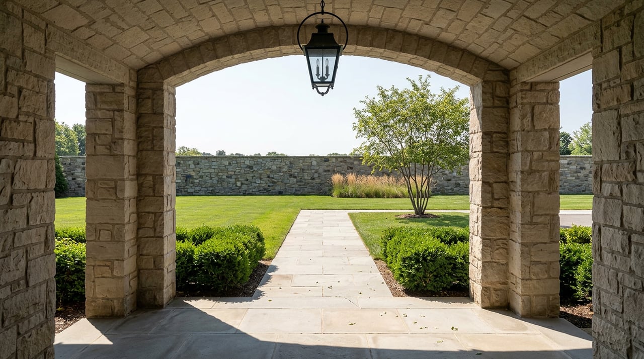 Stone portico frames a limestone walkway across a broad lawn to a low fieldstone wall.