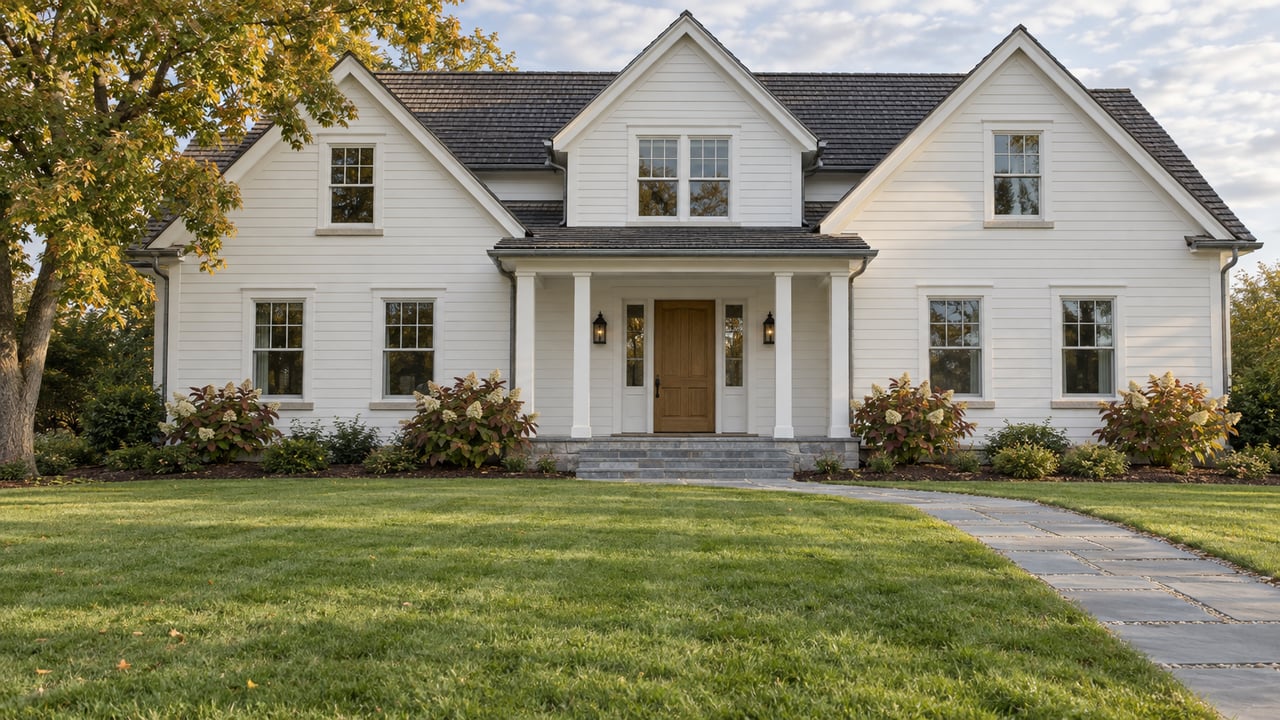 White clapboard home with dark gabled roofs, a bluestone approach, deep lawn and a mature tree beginning to turn gold.
