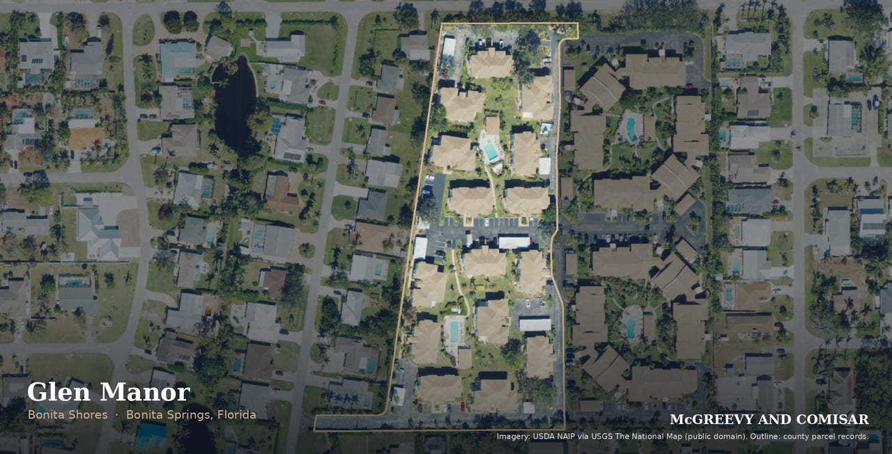 Glen Manor condominium, 76 4th Street, Bonita Shores, Bonita Springs, Florida, aerial outlined from county parcel records