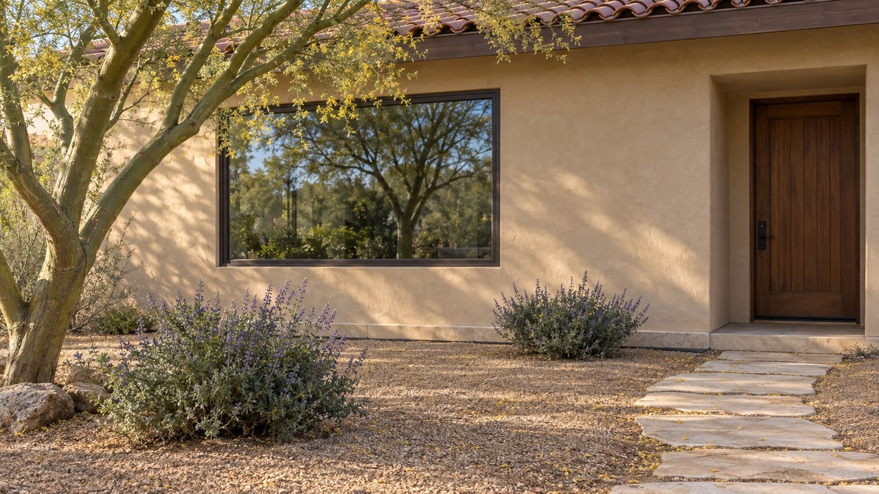 Tan stucco house with a dark-framed window, timber entry, tiled eave, and limestone path through a gravel garden.