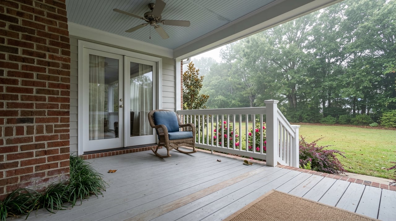 Covered porch with a wicker rocking chair, faded blue cushion, French doors, and oak canopy.