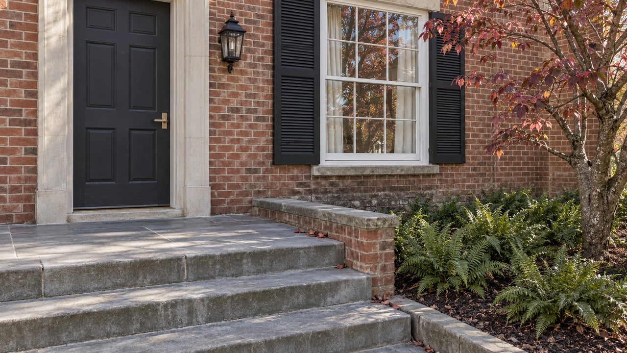 Brick townhome entry with a charcoal door, shuttered window, stone steps and burgundy dogwood leaves in autumn morning light.