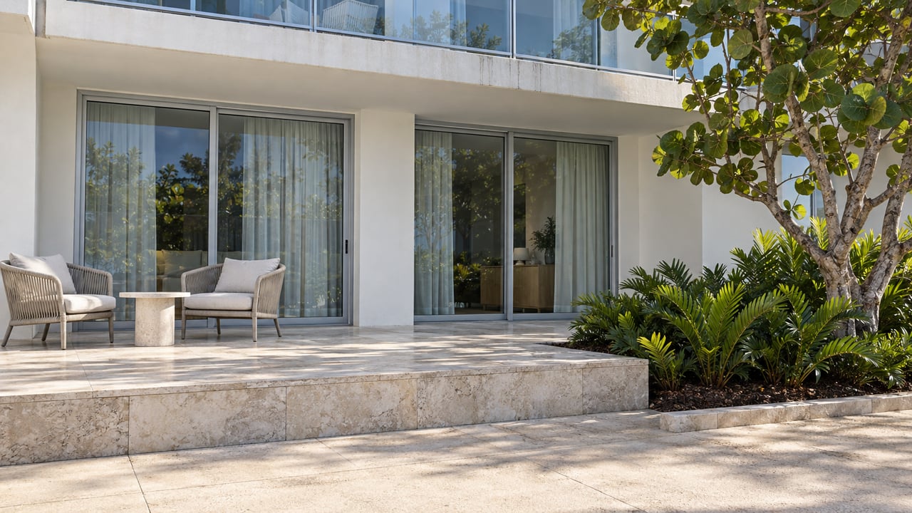 Sunlit condominium terrace with blue-gray sliding glass doors, pale limestone paving, a glass balcony, and sculptural tropical planting.