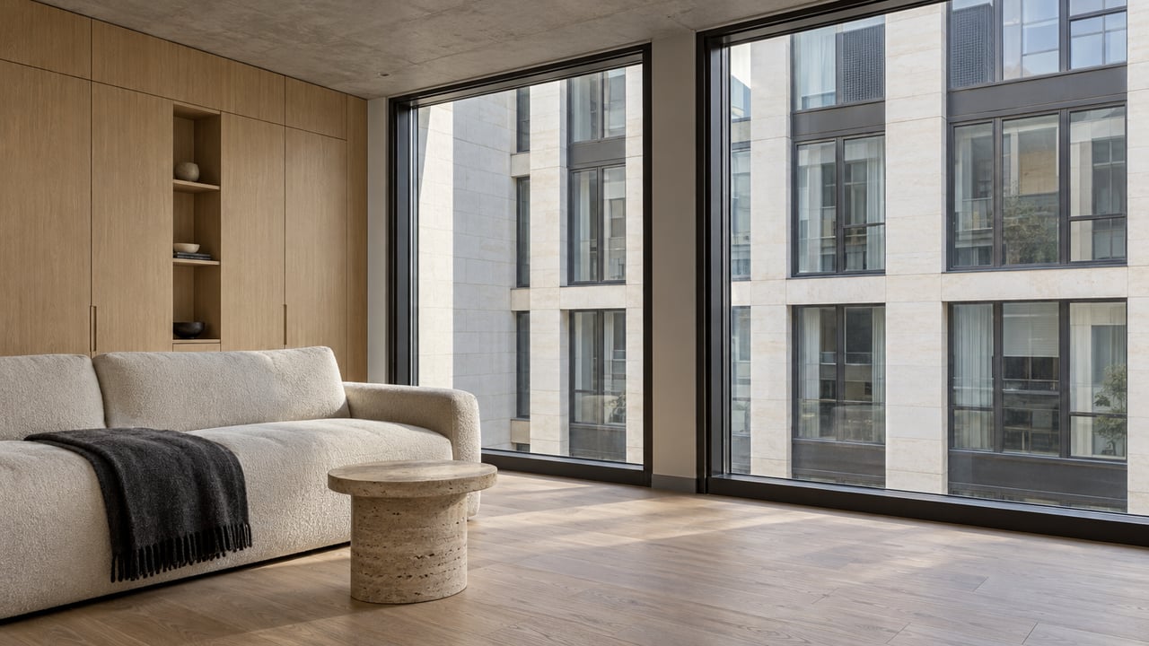 Condominium living room with pale oak walls, ivory sofa, and windows facing a neighboring facade.
