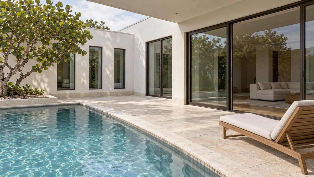 Covered limestone terrace beside a blue-green pool, with bronze-framed glass doors, white stucco walls, and a single teak lounge chair.