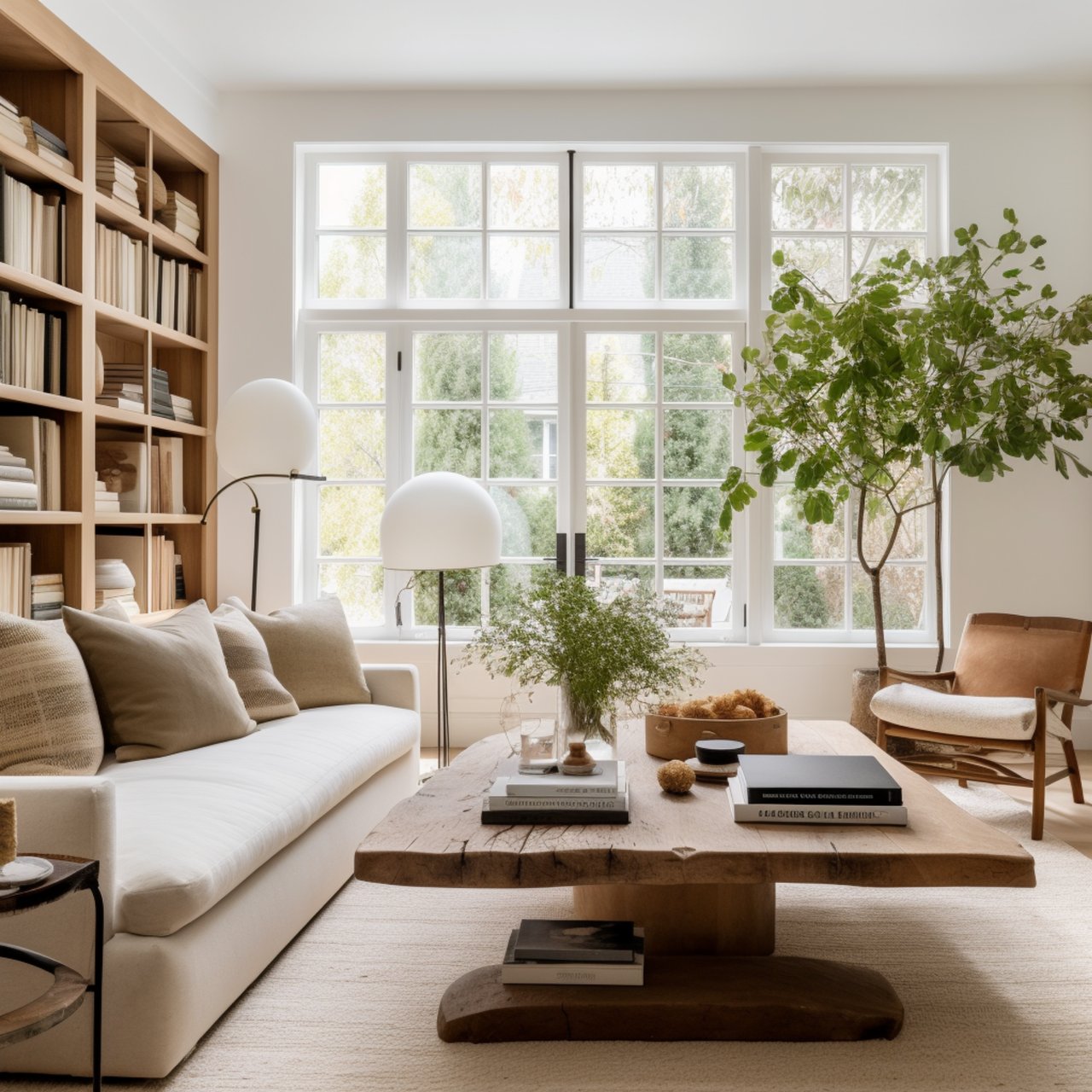Bright living room with built-in bookshelves, large windows, and a white sofa.