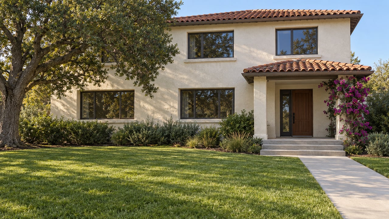 A sunlit ivory stucco home with a clay-tile roof, broad front lawn, mature oak and flowering bougainvillea beside the entry.