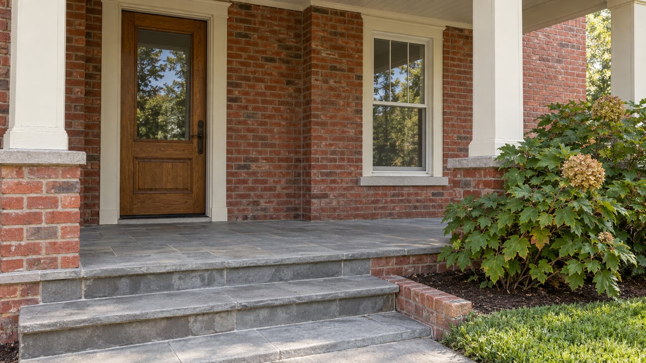 A brick home's sheltered oak entry door, limestone porch steps and oakleaf hydrangea in soft morning light.