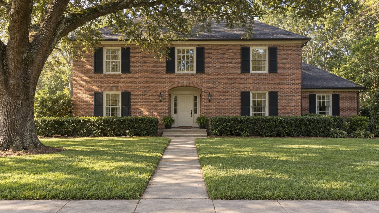 Two-story red-brick home with a centered entry, broad lawn, concrete path, and live oak shading the left side.