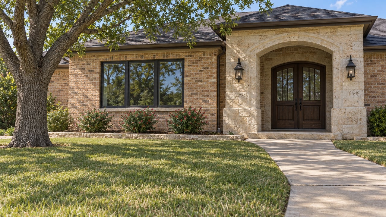 Warm brick home with a limestone arched entrance, paired wood doors, a generous lawn and a mature pecan tree.