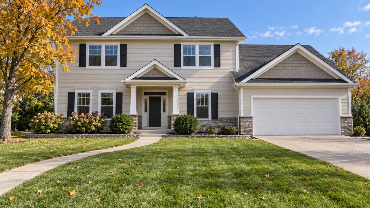 Beige two-story home with dark front gables, white trim, a broad front lawn and autumn maple beside a curved concrete walk.