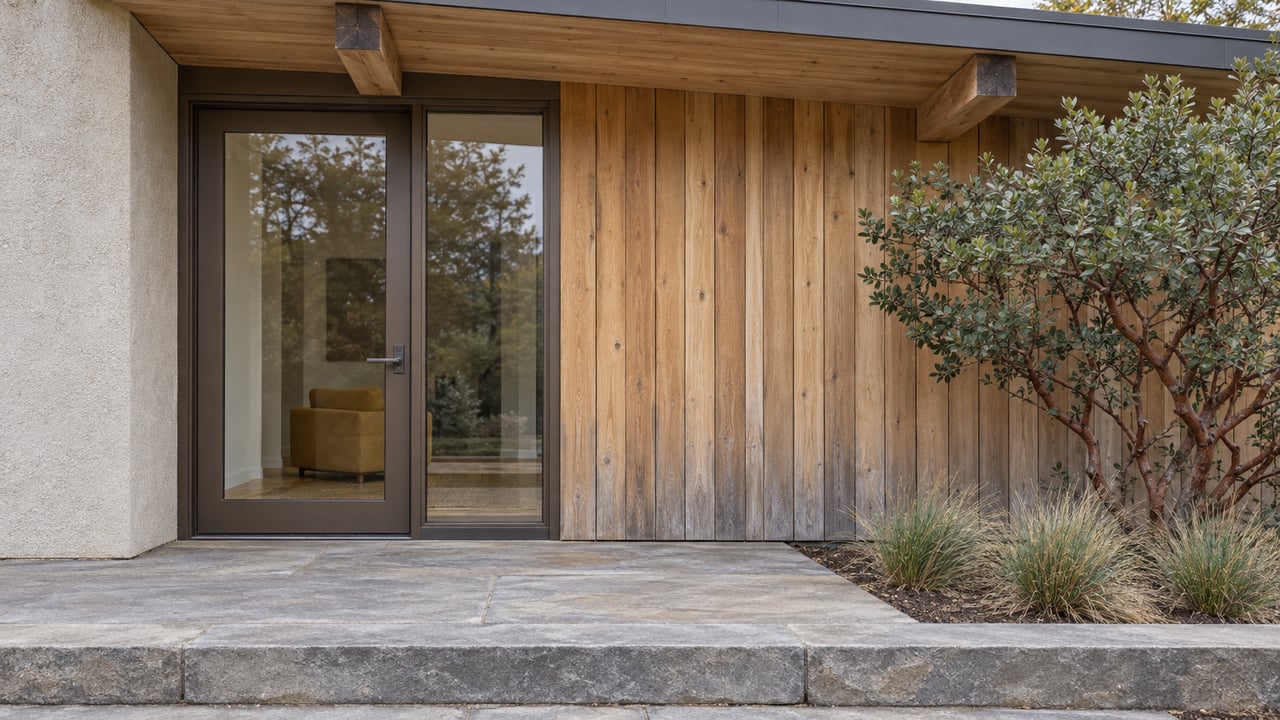 Weathered cedar home entry with bronze-framed glass, a sandstone landing and a sculptural manzanita.