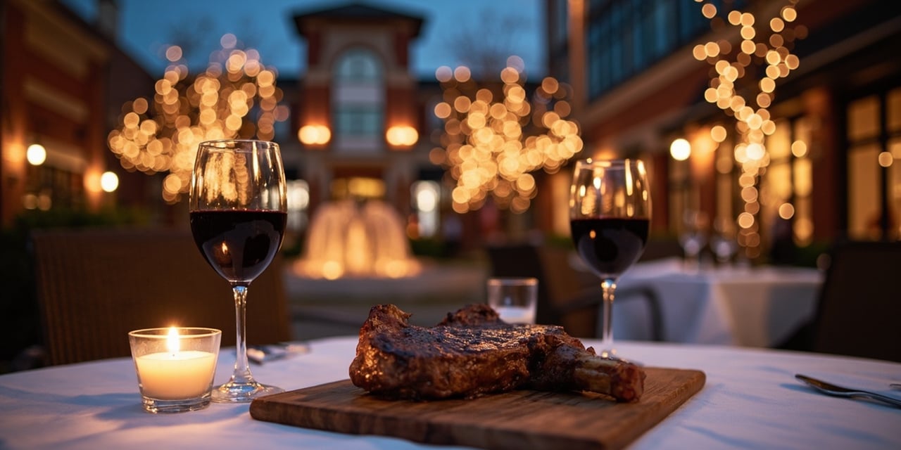 Steak dinner with red wine and candlelight on a restaurant patio.