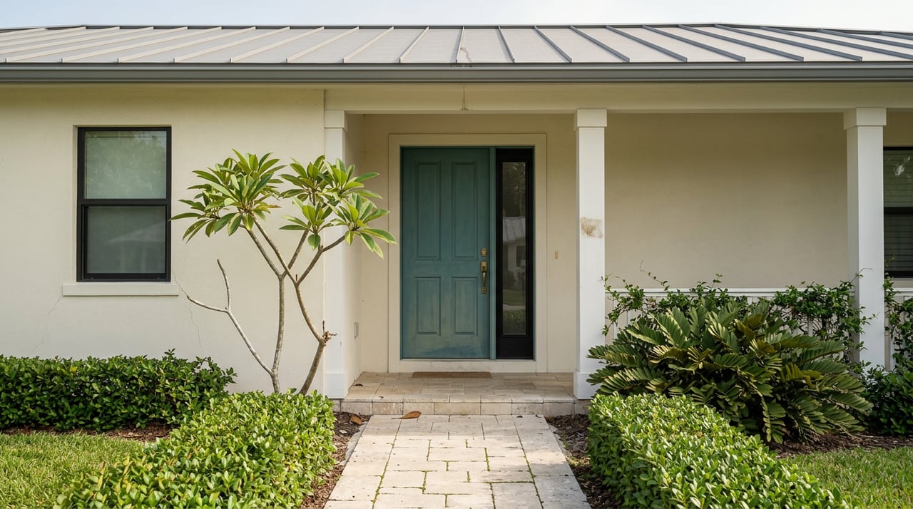 Cream stucco home with a weathered teal door, shellstone walkway, and plumeria beside the porch.