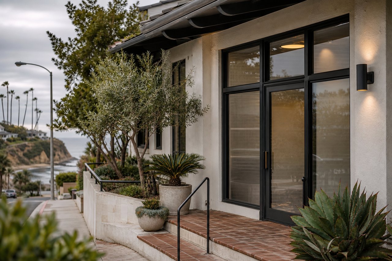 Coastal home's tiled entry and black-framed glass doors, with ocean visible beyond the sidewalk.