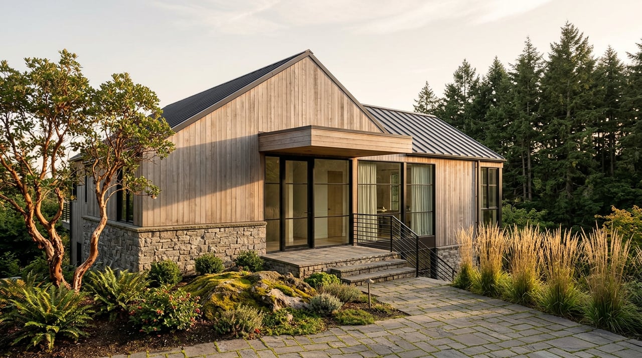 Sloped hillside home with weathered cedar siding, a stone base, and basalt garden steps beneath a sculptural arbutus tree.