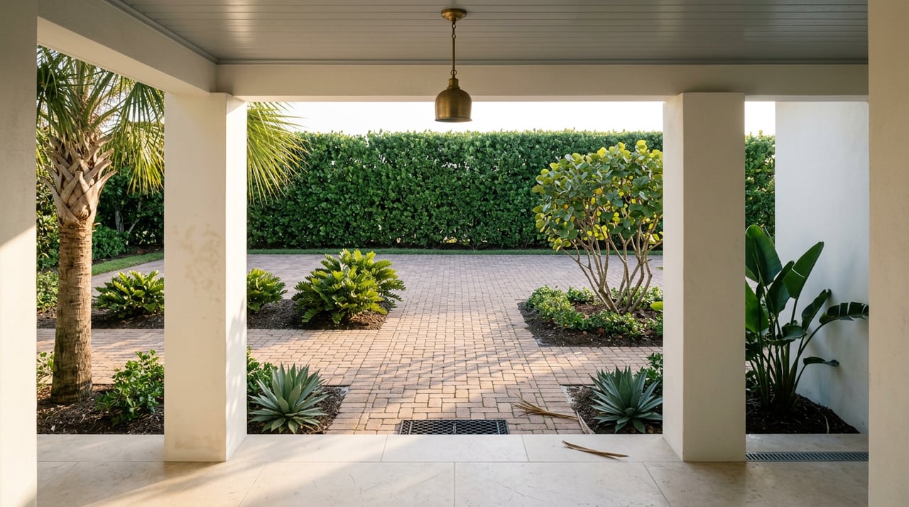 Morning sun falls across a brick-paver walk between white porch columns and a clipped hedge.