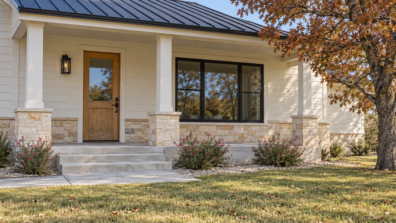 Warm morning light on a limestone and painted-siding home, with an oak door, covered porch and broad lawn beneath a russet-leaved oak.