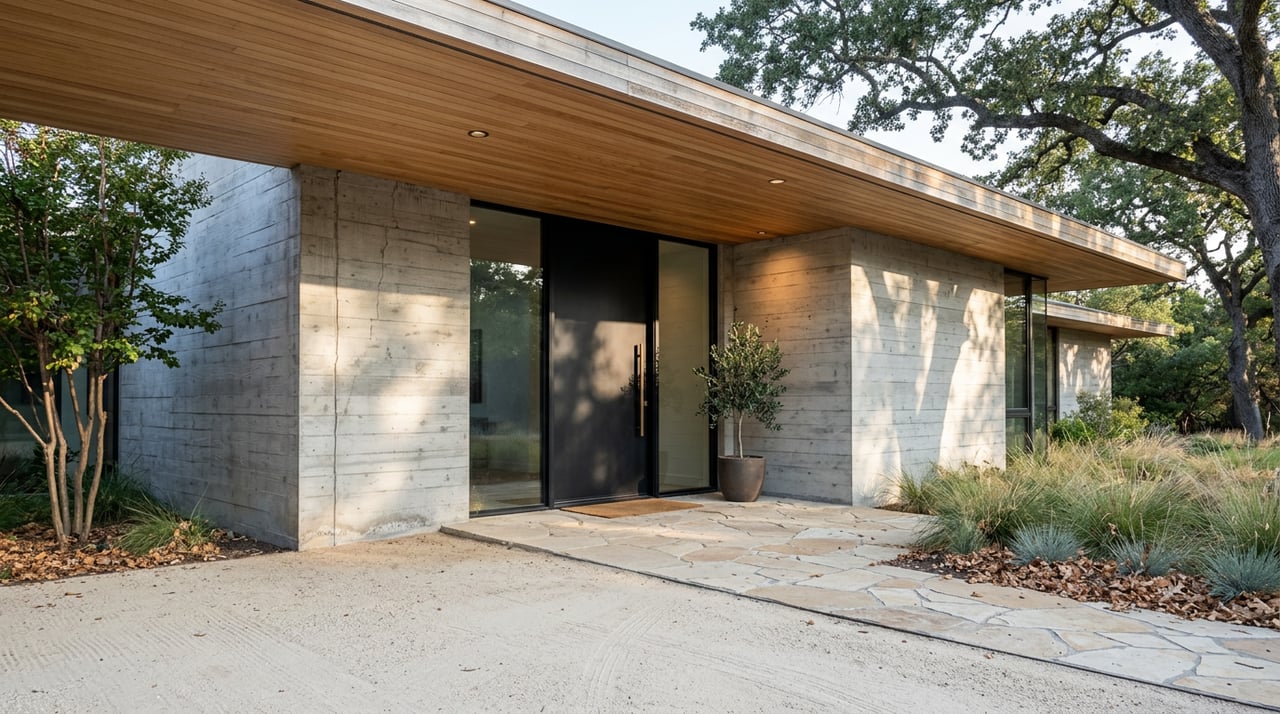Contemporary home entry with a black pivot door, board-formed concrete walls, cedar soffit, and oak branches overhead.