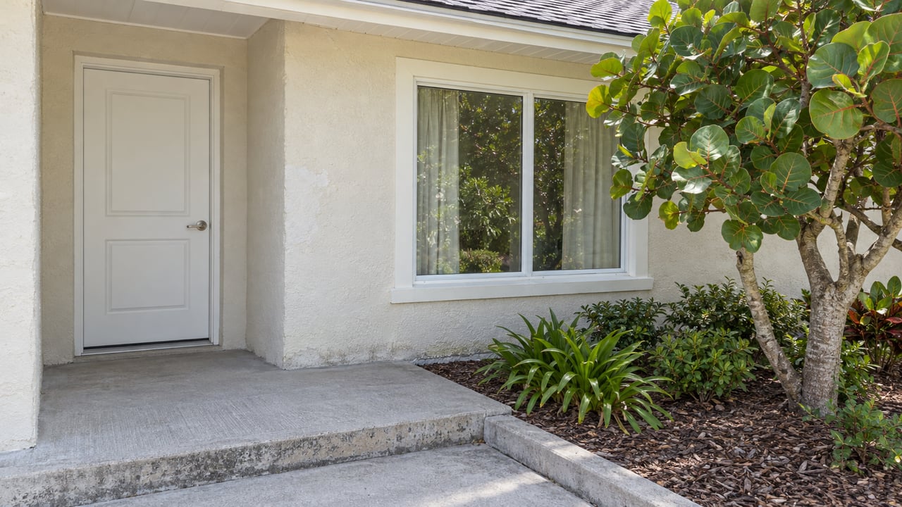 Cream single-story home's shaded entry with white door, broad window, worn concrete step, and a sculptural sea grape tree.