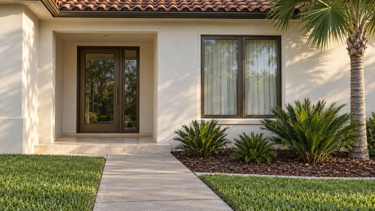 Cream stucco home with a terracotta roof, bronze-framed entry, limestone porch and a sculptural fan palm beside the front walk.